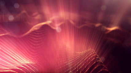 3d rendering background of glowing particles with depth of field, bokeh. Microworld or sci-fi theme. Particles form line and 3d surface grid. Golden red 51