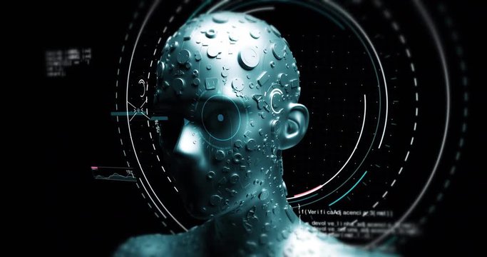 Advanced AI Robot Reads Data From Futuristic Hud - Technology Related 3D 4K Animation Concept