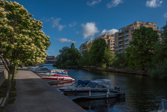 View from the Kungsholmen island in Stockholm, the Karlbergskanalen and Klara sj&ouml; canal an early sommer morning,