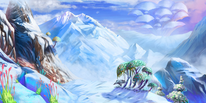 The Ice and Snow World Realistic Version. Mountain. Fiction Backdrop. Concept Art. Realistic Illustration. Video Game Digital CG Artwork. Nature Scenery.