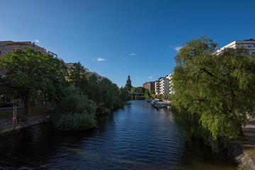 View from the Kungsholmen island in Stockholm, the Karlbergskanalen and Klara sjö canal an early sommer morning,