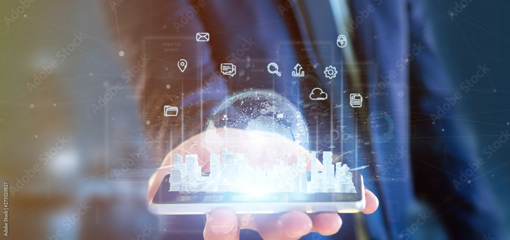 Poster businessman holding smart city user interface with icon, stats and data 3d rendering