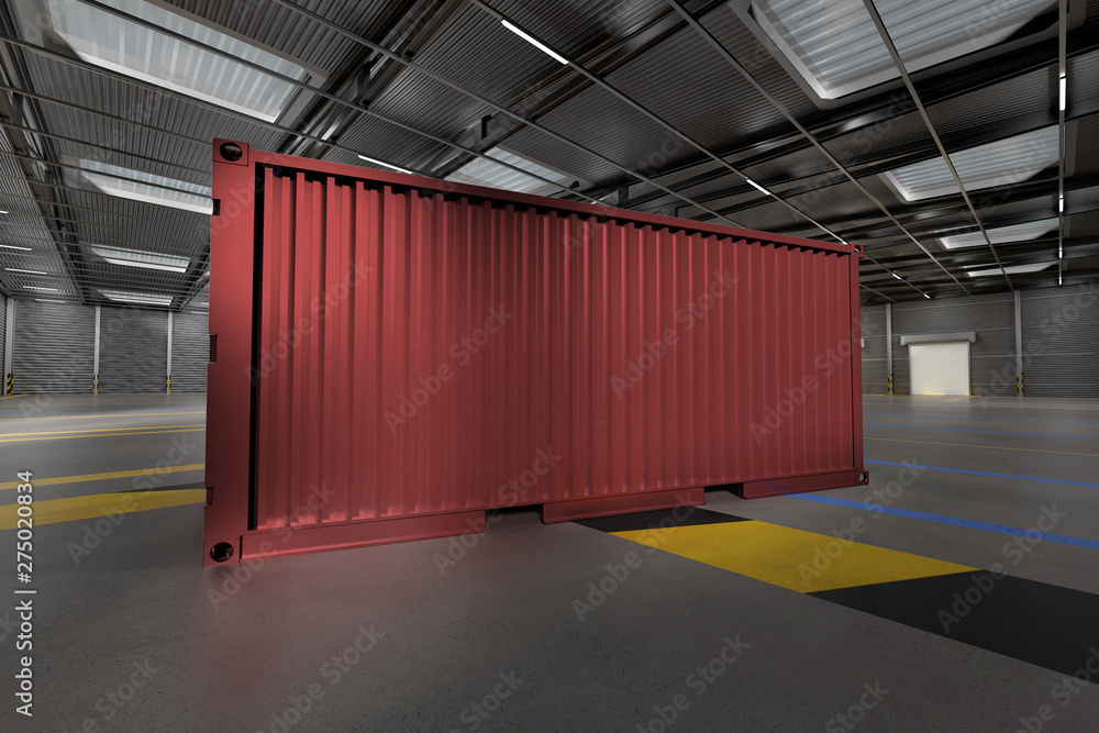 Poster mock up of a container on a warehouse - 3d rendering