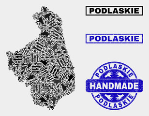 Vector handmade composition of Podlaskie Voivodeship map and corroded seals. Mosaic Podlaskie Voivodeship map is formed with randomized hands. Blue seals with corroded rubber texture.