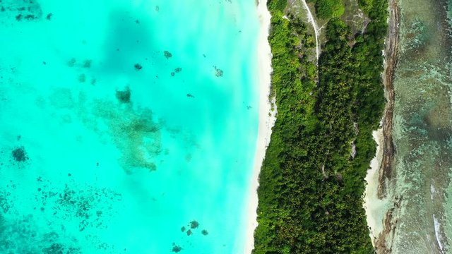 aerial drone high angle shot of uninhabited islands sandbanks with vegetation Tupai Heart Coral Reef Atoll In French Polynesia
