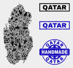 Vector handmade collage of Qatar map and scratched stamp seals. Mosaic Qatar map is created with scattered hands. Blue seals with scratched rubber texture.