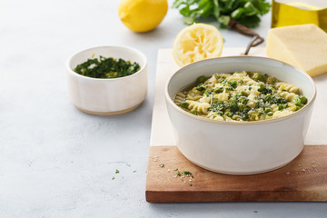 Minestrone, Italian vegetable soup with pasta and savoy cabbage.