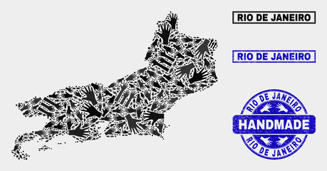 Vector handmade combination of Rio de Janeiro State map and rubber watermarks. Mosaic Rio de Janeiro State map is done with scattered hands. Blue watermarks with unclean rubber texture.