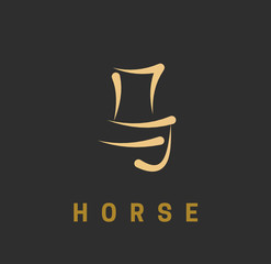 Chinese horoscope sign in the form of a hieroglyph with an English definition. Gold symbol horse on a black background. Vector illustration.