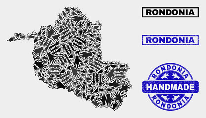 Vector handmade collage of Rondonia State map and dirty stamp seals. Mosaic Rondonia State map is organized with randomized hands. Blue seals with unclean rubber texture.