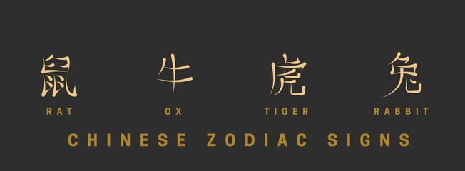 A set of horoscope signs in the form of a hieroglyph with English definition. Golden symbols rat, ox, tiger, rabbit on a black background. Vector illustration.
