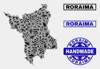 Vector handmade collage of Roraima State map and grunge stamps. Mosaic Roraima State map is designed with random hands. Blue seals with distress rubber texture.
