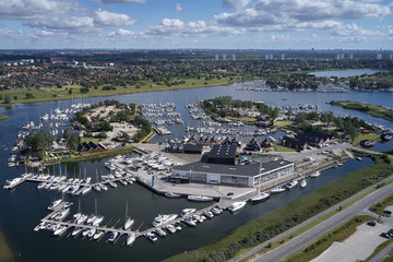Fototapeta premium Aerial view of Ishoej habour located on Zealand in Denmark