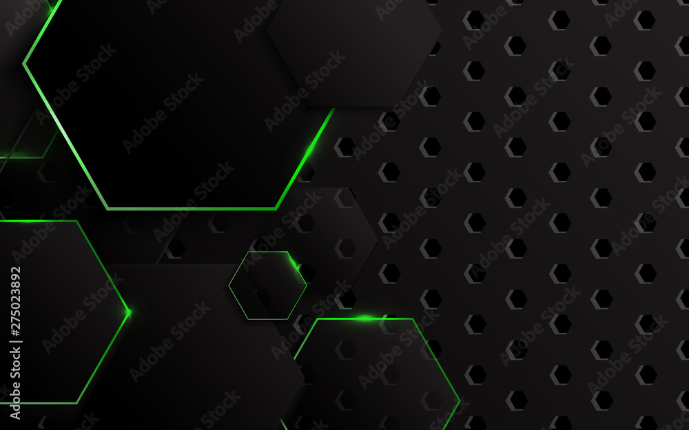 Poster abstract 3d metallic technology background with neon light green glowing a combination hexagon patte
