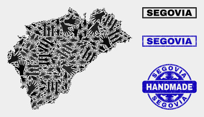 Vector handmade composition of Segovia Province map and corroded stamp seals. Mosaic Segovia Province map is formed of randomized hands. Blue seals with scratched rubber texture.