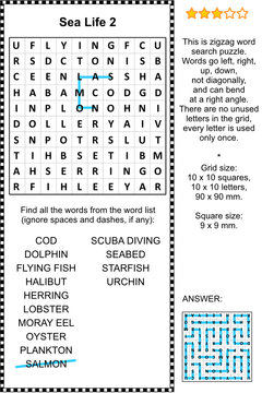 Sea life themed zigzag word search puzzle 2 (suitable both for kids and adults). Answer included.