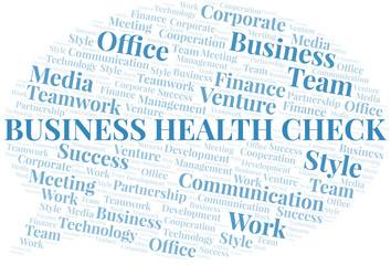 Business Health Check word cloud. Collage made with text only.