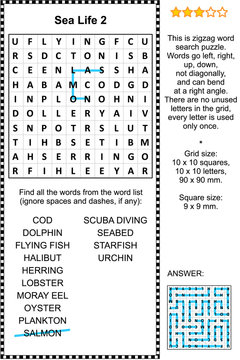 Sea life themed zigzag word search puzzle 2 (suitable both for kids and adults). Answer included.