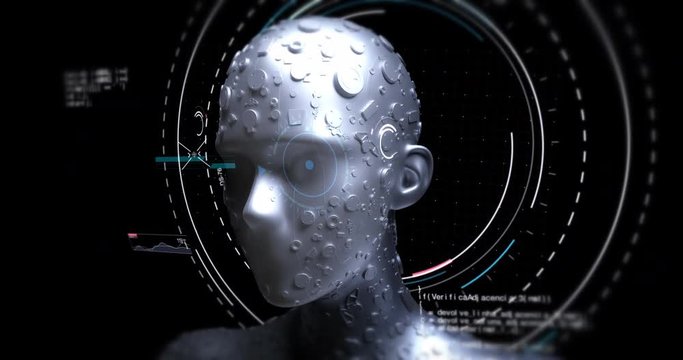 Advanced AI Robot Working With Futuristic Hud Data - Technology Related 3D 4K Animation Concept
