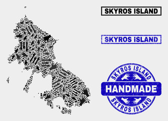 Fototapeta na wymiar Vector handmade composition of Skyros Island map and corroded seals. Mosaic Skyros Island map is composed of random hands. Blue seals with corroded rubber texture.
