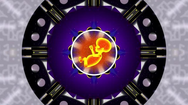 Unique futuristic  space technology creating humanoid. Orange fetus body inside patterns laboratory equipment in space. Metamorphosis modern ornament, fractal animation. Seamless loop.