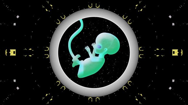Futuristic  space transformation capsule with  humanoid. Turquoise fetus body inside patterns laboratory equipment in space. Metamorphosis modern ornament, fractal animation. Seamless loop.