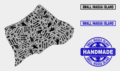 Vector handmade collage of Small Inagua Island map and rubber stamps. Mosaic Small Inagua Island map is constructed of random hands. Blue stamp imprints with distress rubber texture.