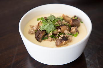 Steamed egg  decorated with vegetable, mushroom