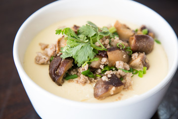 Steamed egg  decorated with vegetable, mushroom