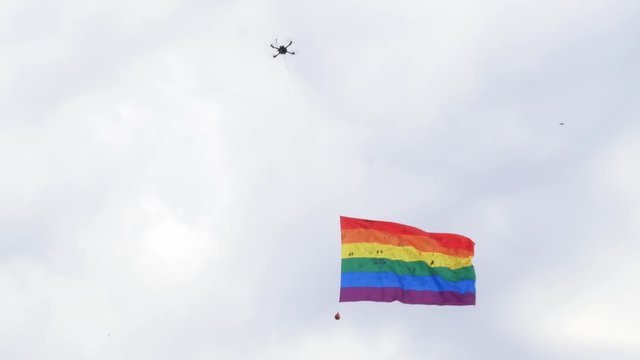 Drone Flying With Huge LGBT Flag At Pride Parade In Kiev 4k. March Of Diversity