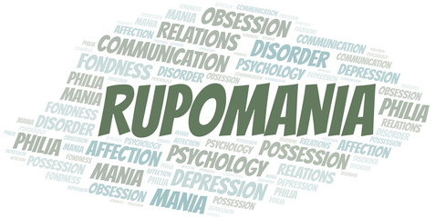 Rupomania word cloud. Type of mania, made with text only.