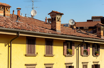Beautiful building facade in Bergamo, Italy. Summer cityscape
