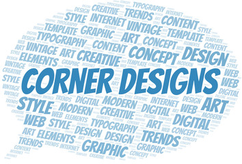 Fototapeta premium Corner Designs word cloud. Wordcloud made with text only.