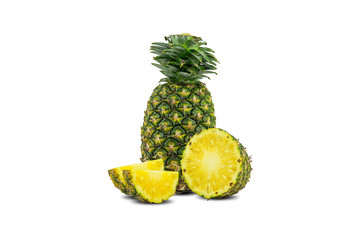 Fresh fruit,organic pineapple with Pineapple with half and slices isolated on a white background.