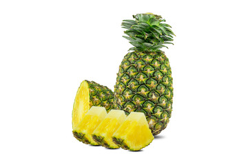 Fresh fruit,organic pineapple with Pineapple with half and slices isolated on a white background.