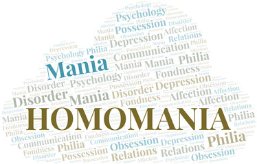 Homomania word cloud. Type of mania, made with text only.