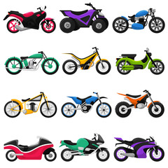 Motorcycle vector motorbike and motoring cycle ride transport chopper illustration motorcycling set of scooter motor bike isolated on white background