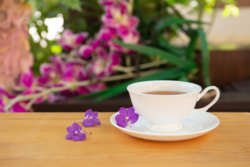 Cup of tea with purple flower on wooden table in garden.