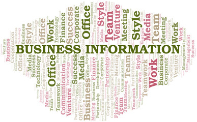 Business Information word cloud. Collage made with text only.