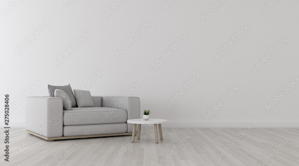 Poster View of white living room in minimal style with sofa and small side table on laminate floor.Perspective of interior design. 3d rendering.	