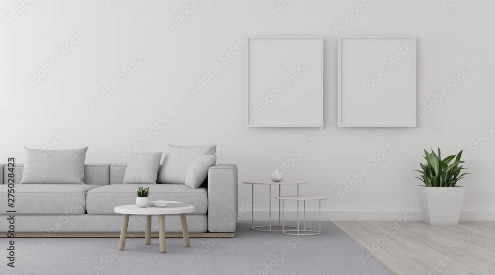 Poster View of white living room in minimal style with sofa and small side table on laminate floor.Perspective of interior design. 3d rendering.	