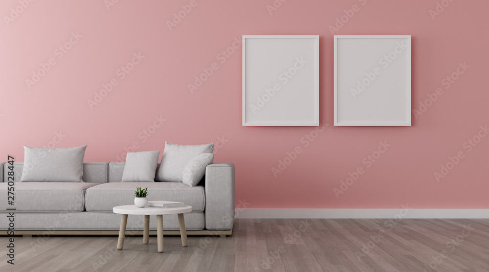 Poster View of  living room in minimal style with sofa and small side table on laminate floor.Perspective of interior design,picture frame on the pink wall. 3d rendering.	