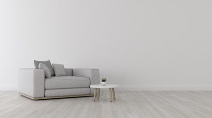 View of white living room in minimal style with sofa and small side table on laminate floor.Perspective of interior design. 3d rendering.	