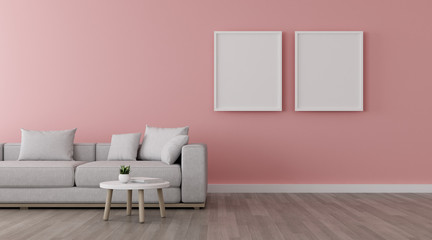 View of  living room in minimal style with sofa and small side table on laminate floor.Perspective of interior design,picture frame on the pink wall. 3d rendering.	