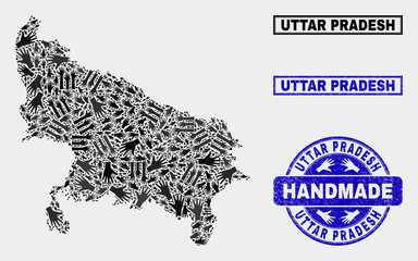 Vector handmade collage of Uttar Pradesh State map and scratched watermarks. Mosaic Uttar Pradesh State map is formed with scattered hands. Blue watermarks with scratched rubber texture.