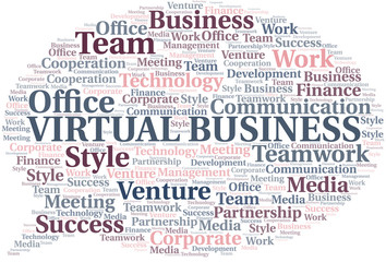 Virtual Business word cloud. Collage made with text only.
