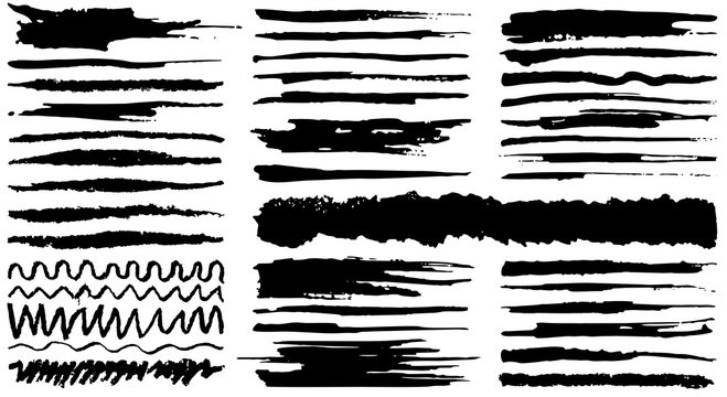 Collection of vector hand drawn various shapes brush strokes. Creative black thin paintbrush lines, isolated on white background.