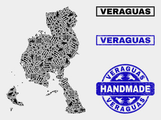 Vector handmade combination of Veraguas Province map and unclean watermarks. Mosaic Veraguas Province map is made of randomized hands. Blue seals with unclean rubber texture.