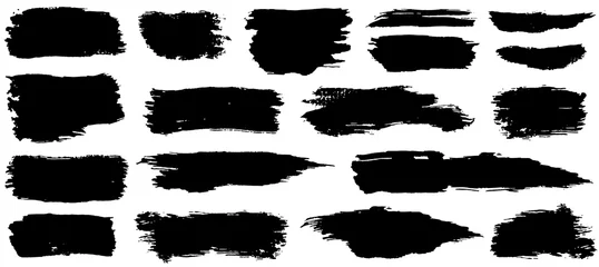 Fotobehang Vector collectie van artistieke grungy zwarte verf handgemaakte creatieve penseelstreek set geïsoleerd op een witte achtergrond. © Юрий Парменов