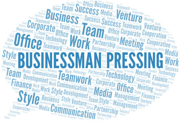 Obraz premium Businessman Pressing word cloud. Collage made with text only.